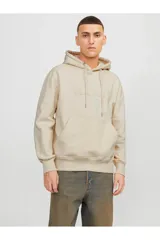 Canguro color crema con capucha y cordones ajustables. Estampado en relieve con la palabra "ORIGINAL" y el logo de la marca Jack & Jones.