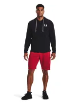 Campera Under Armour Rival Terry, color gris jaspeado, con cierre frontal completo, capucha con cordones ajustables y logo estampado en el pecho.