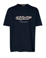 Camiseta azul marino de manga corta y cuello redondo, con estampado frontal de la palabra "Originals" en blanco con borde naranja.
