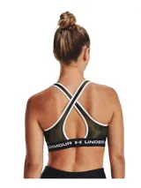 Top deportivo Under Armour con estampado abstracto en tonos verde militar y negro, breteles finos blancos y banda elástica con logo de la marca.