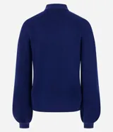 Suéter corto azul marino de punto liviano, con cuello alto, manga larga y puños ajustados.