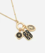 Collar dorado con cadena de esferas y tres dijes esmaltados en negro con detalles dorados: un dije redondo con un sol, un dije cuadrado con una flor y un dije rectangular con un ojo.