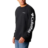 Buzo negro de cuello redondo, manga larga con puños y dobladillo acanalados. Presenta el logo de Columbia bordado en blanco en el pecho izquierdo y la palabra "Columbia" estampada verticalmente en blanco en la manga derecha.