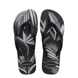 Sandalias Havaianas modelo Aloha, con base negra estampada con hojas en blanco y negro, y tiras negras.