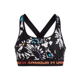 Top deportivo Under Armour con estampado abstracto en tonos verde militar y negro, breteles finos blancos y banda elástica con logo de la marca.