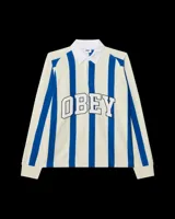 Camiseta tipo polo de manga larga color crema con rayas verticales azules y logo 'OBEY' estampado en el pecho. Tiene cuello clásico blanco y tapeta con botones parcial.