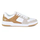 Championes Hi-Tec Lyra de estilo casual deportivo, color blanco con detalles en marrón y beige.