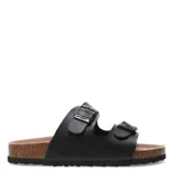 Sandalia plateada con dos tiras anchas con hebillas ajustables, plantilla de corcho y suela de goma.