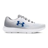 Zapatillas de running Under Armour Charged Rogue 4 para mujer, color blanco con detalles en gris y azul.