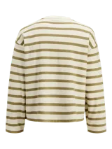 Buzo de manga larga color crudo con rayas horizontales color verde oliva, de corte oversize cropped y cuello redondo.