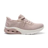 Championes deportivos Skechers Hands Free Slip-ins BOBS Sport Arc Waves 2.0, color rosa pálido. Confeccionados en tejido técnico con cordones fijos, plantilla Skechers Memory Foam, entresuela geométrica Glide-Step y Heel Pillow.