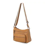 Bandolera color beige con correa extensible a tono, ajustable, y múltiples bolsillos frontales con cierre.
