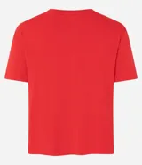 Blusa roja de mangas cortas confeccionada en viscosa con cuello redondo con apliques brillantes en formas florales.
