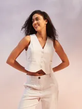 Chaleco color beige claro, de corte sastre y escote en V, con cierre frontal de botones y bolsillos delanteros.