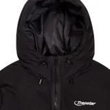 Campera puffer negra con capucha y logo Trapstar en la espalda.