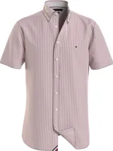 Camisa de manga corta Tommy Hilfiger de algodón a rayas verticales rojas y blancas, con cuello abotonado y logo bordado en el pecho.