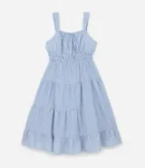 Vestido midi de tricolina con diseño de rayas celestes y blancas, escote cuadrado con lazo frontal, tirantes anchos y falda con volados escalonados.