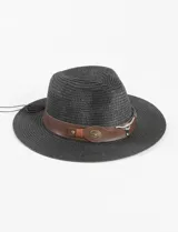 Sombrero negro estilo gaucho con cinta decorativa marrón con apliques metálicos.