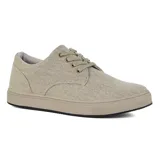 Zapato casual acordonado de lona color azul con rayas horizontales blancas, suela de goma blanca y forro interior azul.