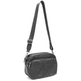 Cartera bandolera color beige con diseño acolchado y correa larga negra regulable.