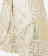 Short de cintura alta color crema con estampado abstracto dorado, cintura elástica y superposición delantera.