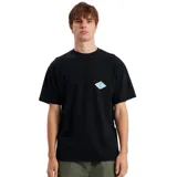 Remera negra de manga corta con cuello redondo y logo estampado en el pecho.