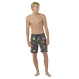 Short de baño Rip Curl Mirage Aots Ty Williams, color negro con estampado de figuras geométricas en tonos ocre y blanco.