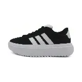 Zapatillas Adidas Grand Court Platform de dama, color negro con las tres tiras laterales blancas y suela de plataforma blanca.