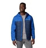 Campera Columbia con capucha, color verde oliva en la parte superior y gris claro en la parte inferior. Cuenta con cierre frontal, bolsillos laterales con cierre y logo de la marca en el pecho.