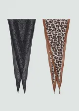 Pañuelo triangular de algodón con estampado paisley en negro y estampado animal print de leopardo en marrón.