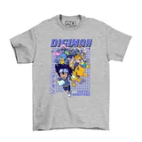 Remera gris con estampado de los personajes de Digimon sobre un fondo cuadriculado azul.
