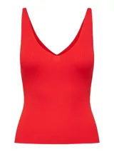 Top de punto color naranja, con cuello en V, breteles anchos y diseño ajustado.