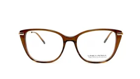 Armazón para lentes de receta Linea Roma 117, color marrón con detalles dorados, con forma rectangular redondeada y patillas delgadas. Fabricado en acetato y metal con baño de oro de 18K.