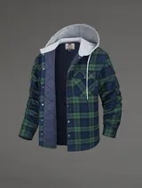 Chaqueta de franela a cuadros en tonos verde y azul, con forro acolchado de poliéster y cierre de botón.