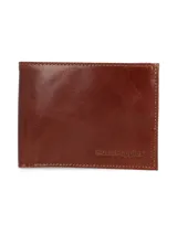 Billetera de cuero color marrón con costuras en los bordes y logo de la marca Hush Puppies grabado en la esquina inferior derecha.