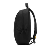 Mochila azul con estampado geométrico, logo de la marca en el frente, tirantes ajustables de malla elástica, bolsillo portaobjetos y ranuras para bolígrafos en el compartimento principal, compartimento trasero con bolsillo acolchado para portátil y cierre de cremallera.