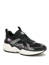 Zapatillas Caterpillar Hasten Mesh para mujer, color negro con detalles en blanco y violeta. Capellada de malla de nailon y microfibra, forro 100 % reciclado postindustrial, plantilla de espuma EVA suave, entresuela de EVA ligera y suela exterior de goma duradera.