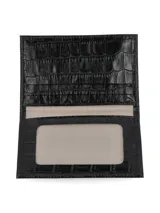 Tarjetero color marrón con textura símil reptil, aplique metálico con logo de la marca y múltiples ranuras.