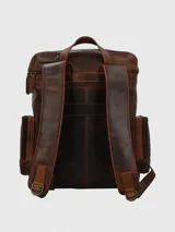 Mochila de cuero marrón con múltiples bolsillos con cierre y correas ajustables.