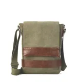 Morral gris de tela canvas con detalles en cuero marrón. Tiene correa larga regulable, tapa con broches magnéticos, bolsillo tipo guantera bajo la tapa, división interna con velcro y bolsillo trasero con broche magnético.