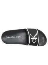 Ojotas Calvin Klein negras con logo "CK" en relieve blanco en la tira.