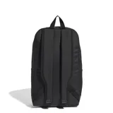 Mochila Adidas negra con logo blanco vertical en el frente. Tiene un compartimento principal espacioso, un bolsillo frontal con cierre, bolsillos laterales de malla, un compartimento interno para laptop, correas acolchadas ajustables y asa superior.