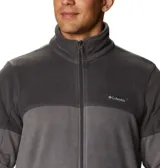 Polar Columbia Basin Trail III Full Zip para hombre, color gris oscuro y gris medio, con diseño de bloques de color. Presenta cuello alto, cierre frontal completo y bolsillos laterales con cremallera.