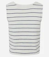 Chaleco sin mangas de punto, color blanco con rayas horizontales finas en negro. Presenta escote en V y cierre frontal con botones marrones.