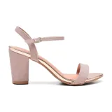 Sandalias de vestir Korium Marly color rosa con detalles dorados, taco cuadrado y pulsera al tobillo con hebilla.