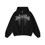 Campera negra con capucha y cierre frontal, con estampado blanco en el frente que dice 'Rockerstudios' y 'Rockers Underground Culture'.