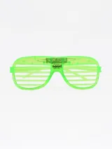 Lentes de cotillón con diseño de persiana horizontal, de plástico transparente en colores rojo, blanco, violeta y verde.