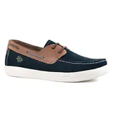 Zapato náutico Pegada Druso color azul marino con detalles en cuero marrón y cordones finos. Suela blanca de goma.