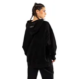 Canguro negro unisex con capucha, de corte oversize y efecto stone wash. Presenta un logo bordado en el pecho y un bolsillo tipo canguro.