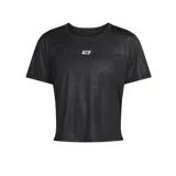 Remera de entrenamiento de mujer, con corte holgado y gráficos en ondulaciones, diseñada para mayor comodidad durante el ejercicio.